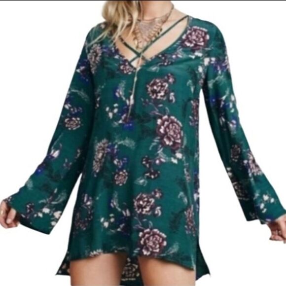 Free People Dresses & Skirts - Free People L Womens LngSlv Emerald Green Floral Viscose Blend Mini Dress/ Tunic